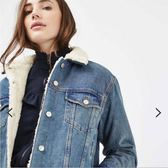 Topshop Moto Sherpa Denim Jacket - Size 4 - Picture 2 of 4